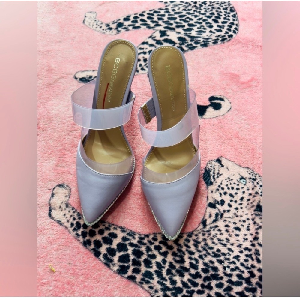 BCBGeneration  Lavender‎ Pointed Toe Mules Clear Strap Rhinestone Heels Size 6.5 - Picture 2 of 6
